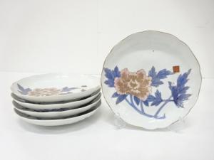 源六製　色絵　牡丹　七寸皿　5客揃